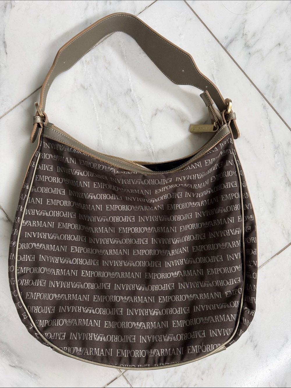 Emporio Armani Brown Logo-Print Hobo with Tan Trim